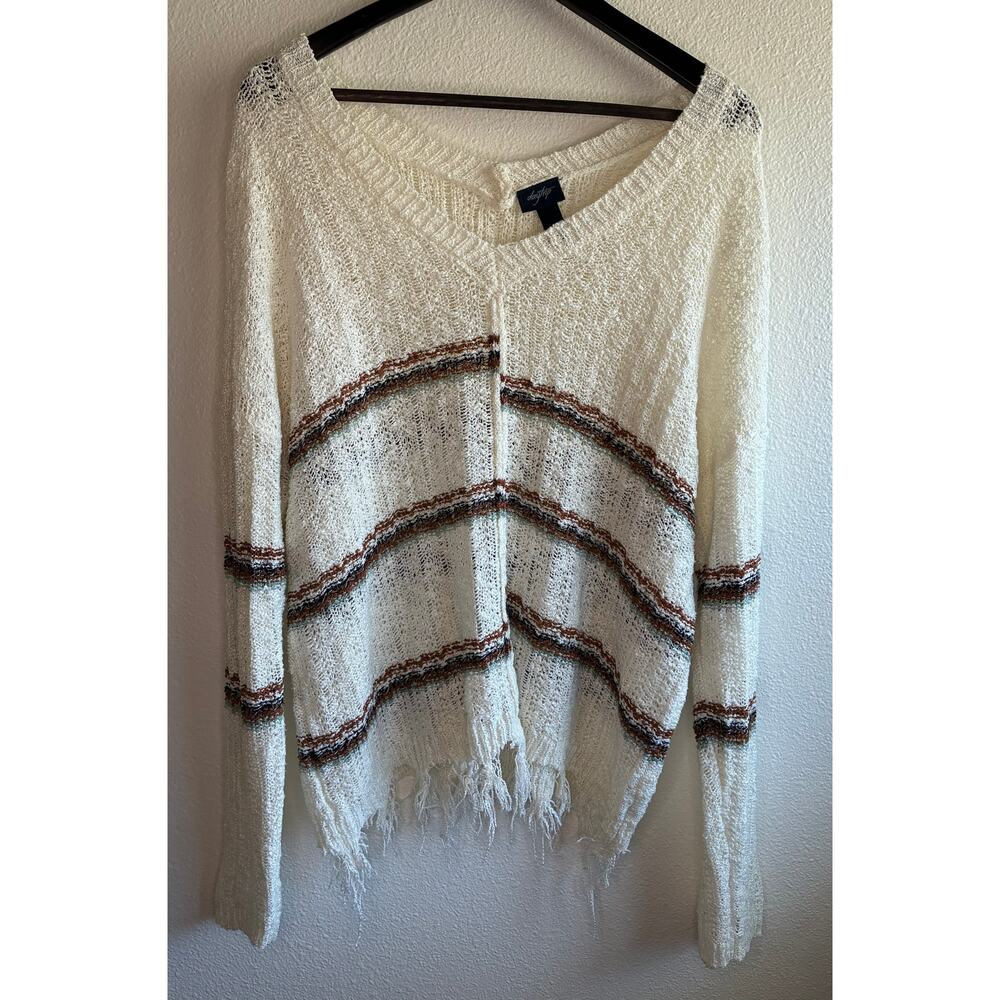 BUCKLE DAYTRIP | Cream Open-Knit Striped Sweater Distressed Fringe | Large
